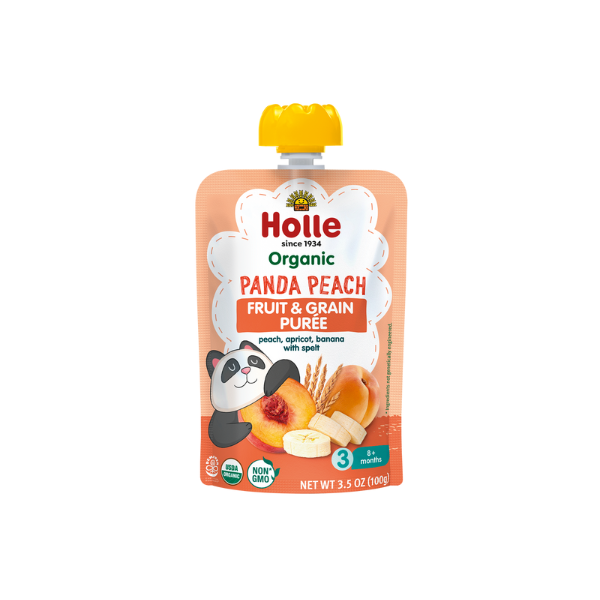 Holle Baby Food Pouches - Organic Fruit & Grain Puree -  Panda Peach