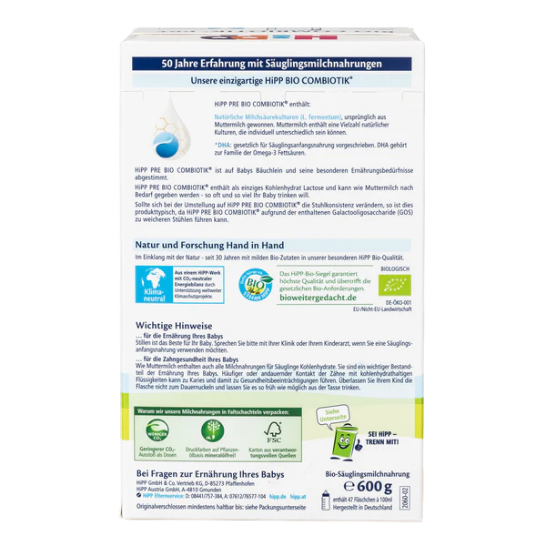 HiPP Bio Combiotik Stage PRE German Organic Formula (600g)