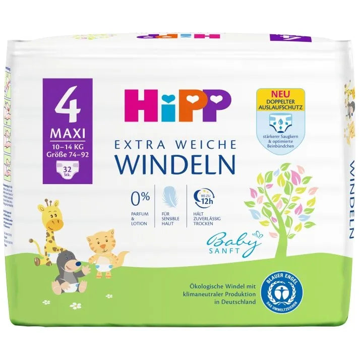HiPP Baby Extra Soft Diapers, Maxi, Size 4 (32 pack)